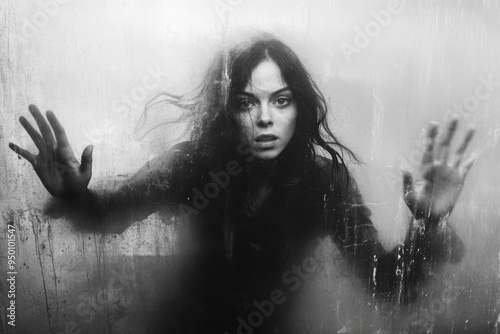 A woman with long hair, scared and looking at the camera, is behind foggy glass