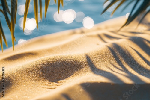 An abstract seascape with palm trees, tropical beach light, and bokeh bokeh of the ocean and sky. The perfect summer vacation background.