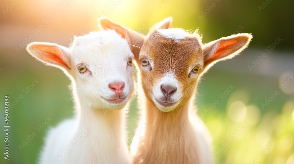 Two baby goats are standing next to each other in a grassy field. They are both smiling and looking at the camera Two baby goats are standing next to each other in a grassy field. They are both smiling and looking at the camera