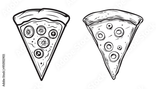 Hand-Drawn Pizza Slices in Black and White Woodcut Style Vector Illustration