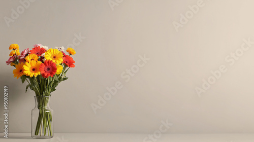 A vibrant bouquet of mixed flowers placed in a glass vase, centered on a light grey background, perfect for a minimalist aesthetic with plenty of room for a text banner.