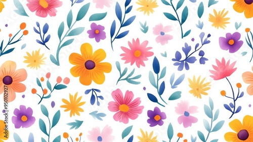 A colorful floral pattern with a variety of flowers and leaves. The flowers are in different colors and sizes, and the leaves are also varied in size and shape. Scene is cheerful and vibrant