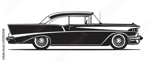 Vintage Classic Car in Retro Woodcut Engraving Style Black and White Illustration