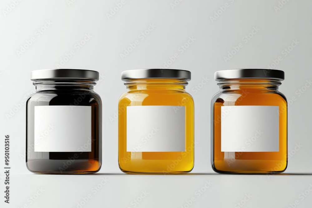 Three Sleek Glass Jars Filled with Honey Shades Three Sleek Glass Jars Filled with Honey Shades