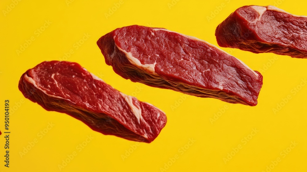 Raw Beef Cuts Suspended in Air with Bold Yellow Contrast Raw Beef Cuts Suspended in Air with Bold Yellow Contrast