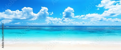 Sunny day on the beach with white sand, turquoise ocean water, and clouds in the sky. Natural background for summer vacation.
