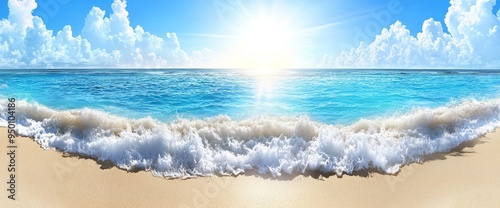 Beach with white sand, turquoise sea water, and blue sky with clouds on a sunny day. Beautiful summer vacation scene.