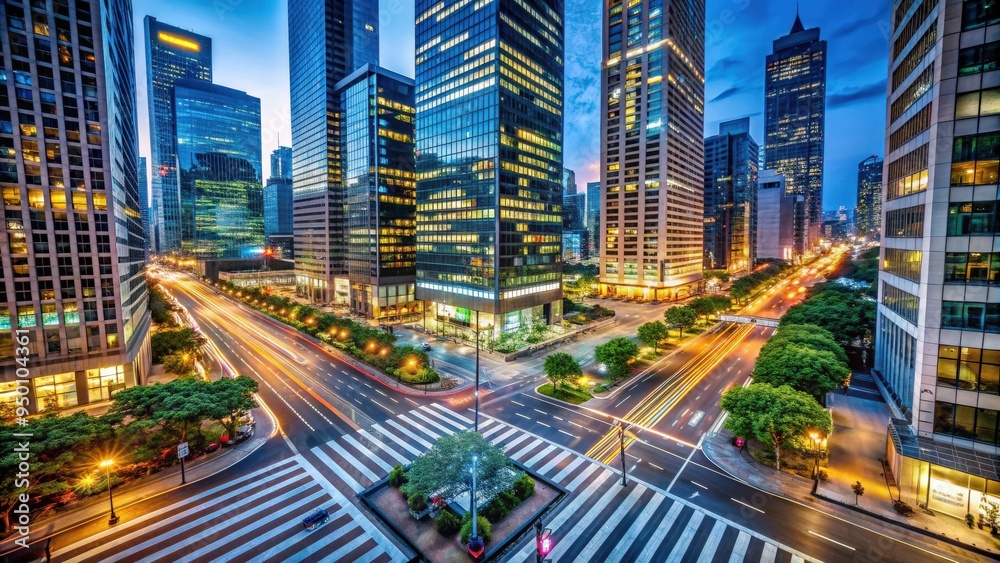 Fototapeta premium A bustling city intersection illuminated by glittering lights and skyscrapers , urban, cityscape, nightlife, bustling