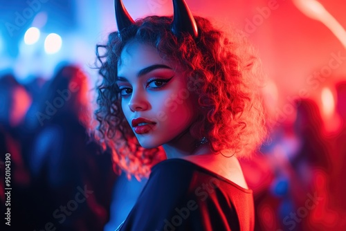 Woman with Devil Horns Enjoying a Spooky Halloween Party