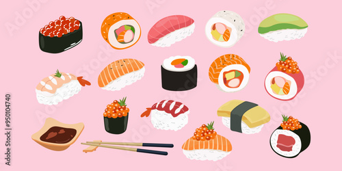 It's time for sushi. Traditional asian food. Set of cute sushi rolls with rice, salmon, tuna, tiger prawn, caviar, fish, avocado and seaweed. Big set of asian food icons on a pink background