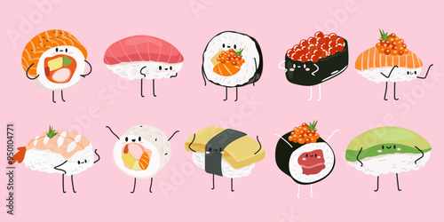 Traditional asian food. Big set of flat cute sushi with rice, salmon, tuna, tiger prawn, caviar, fish, avocado and seaweed. Vector sushi characters and their emotions