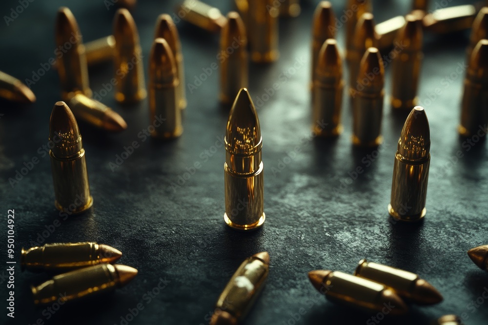 On the dark stone table are 9mm bullets and military equipment. On the dark stone table are 9mm bullets and military equipment.