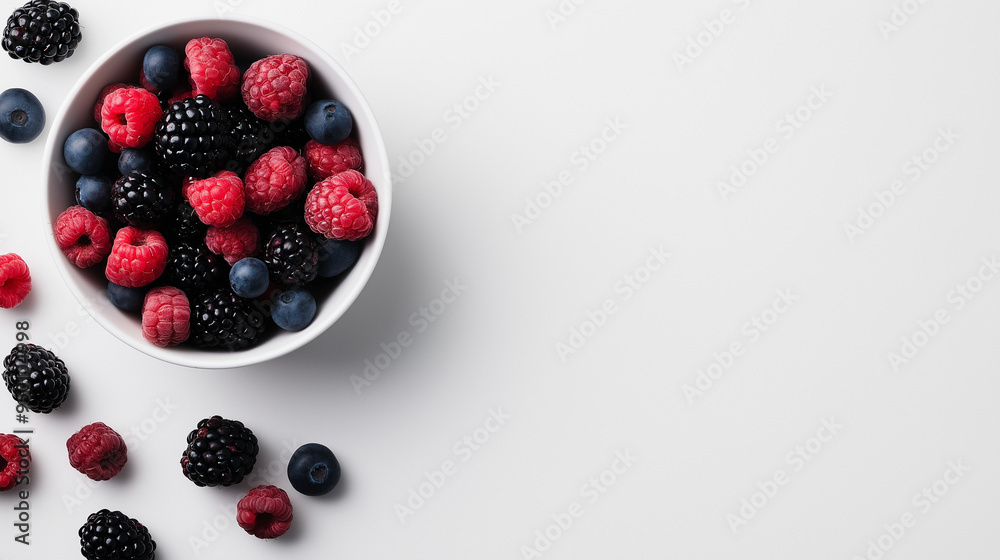 A fresh bowl of mixed berries centered on a plain white background, ready for a healthy eating promotion with room for a message. A fresh bowl of mixed berries centered on a plain white background, ready for a healthy eating promotion with room for a message.