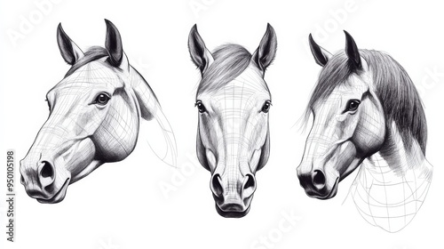 Three horse heads drawn in black and white. The first horse has a long mane and a short nose photo