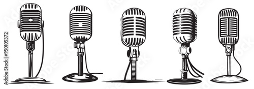 Hand Drawn Vintage Microphones Collection in Woodcut Style - Black and White Vector Set