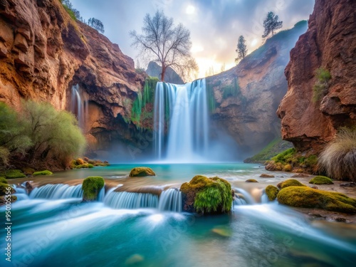 Mooney Falls in January, showcasing the ethereal quality of the mist, with a long exposure and a slow shutter speed, creating a dreamy, surreal atmosphere. photo