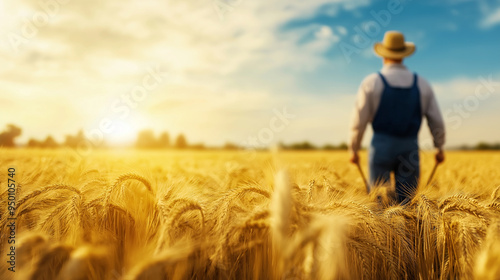 A farmer in overalls and a straw hat, standing proudly in a vast field of golden wheat, holding a pitchfork, symbolizing the essential role of agriculture in society.