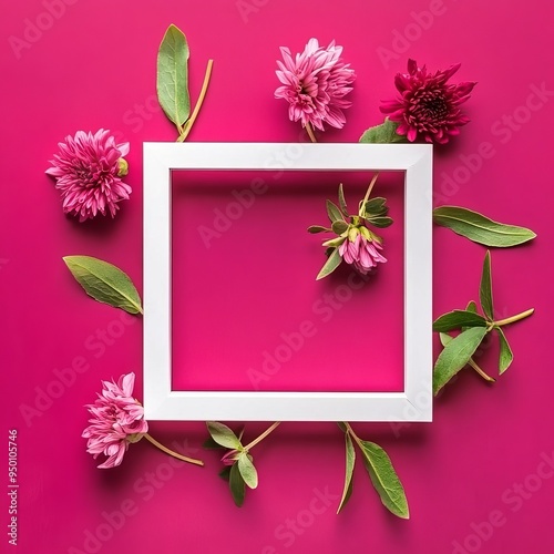 Spring greeting card design with branches of white, pink gypsophila and fresh carnations flowers with square picture frame on pastel pink background. Birthday, Mother's Day.