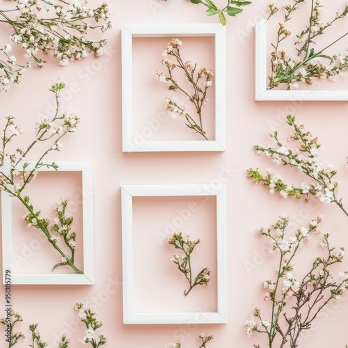 With branches of pink and white gypsophila flowers, and a square photo frame on a pastel pink background, this spring greeting card is perfect for birthdays and Mother's Days.