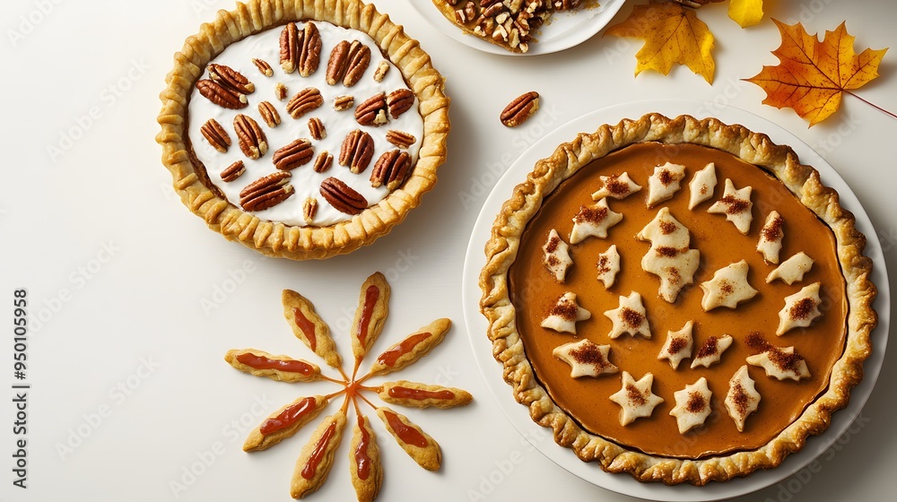 Fototapeta premium Delicious pecan and pumpkin pies with decorative cookies.