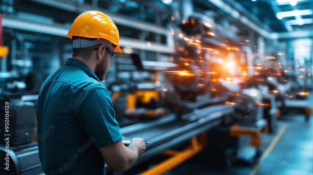 A factory worker operating heavy machinery, with a blur of moving parts and conveyor belts in the background, highlighting the precision and skill in manufacturing. A factory worker operating heavy machinery, with a blur of moving parts and conveyor belts in the background, highlighting the precision and skill in manufacturing.