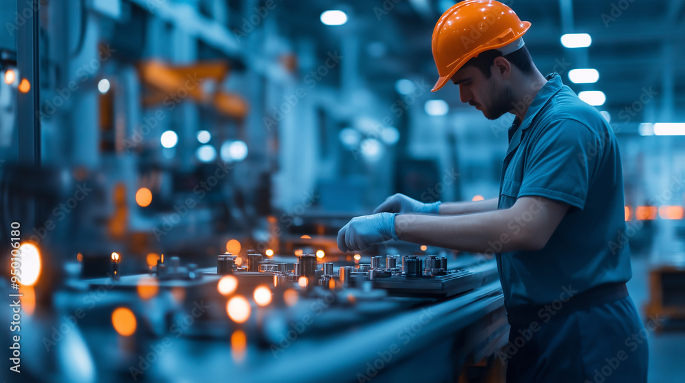 A factory worker operating heavy machinery, with a blur of moving parts and conveyor belts in the background, highlighting the precision and skill in manufacturing. A factory worker operating heavy machinery, with a blur of moving parts and conveyor belts in the background, highlighting the precision and skill in manufacturing.