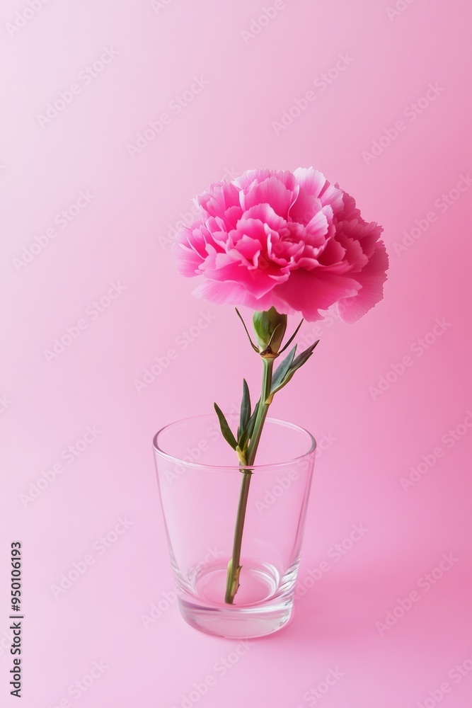 A glass vase adorned with delicate carnations on a pastel pink background. A glass vase adorned with delicate carnations on a pastel pink background.