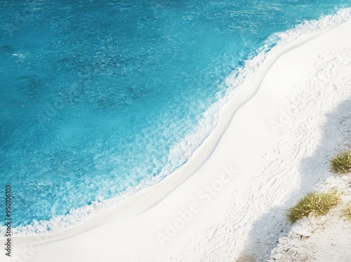 Stunning aerial view of tropical white sand beach with wave foam and transparent sea, Summer vacation background with copy space, top view from a drone.