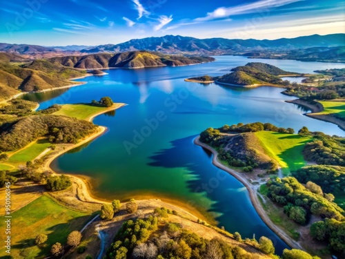 Lake Cachuma, California, USA in January with a bird's-eye view, showcasing the unique shape of the lake and its surrounding landscape photo