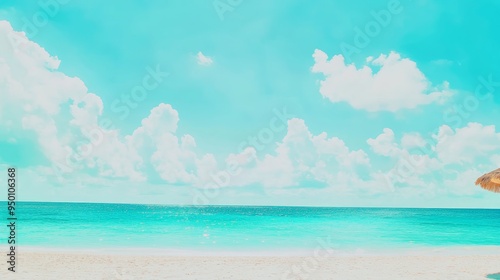 Tropical beach with blue sky and white clouds abstract texture background. Copy space for summer vacation and holiday business travel.