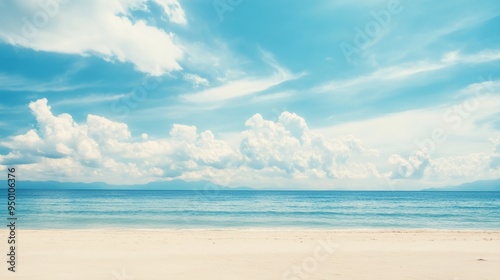 Abstract background of tropical beach with blue sky and white clouds. Summer vacation vacation business travel concept.