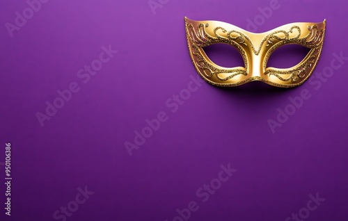 A Happy Purim carnival decoration concept made up of a mask and a sparkle star, displayed on a purple background. (Happy Purim in Hebrew, celebrating Jewish holiday)