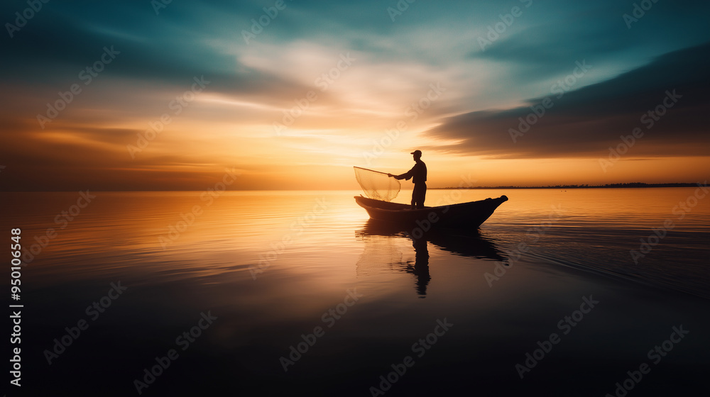 A fisherman on a small boat, casting a net into the sea at dawn, with the horizon in the background, symbolizing the traditional and essential work of fishing. A fisherman on a small boat, casting a net into the sea at dawn, with the horizon in the background, symbolizing the traditional and essential work of fishing.
