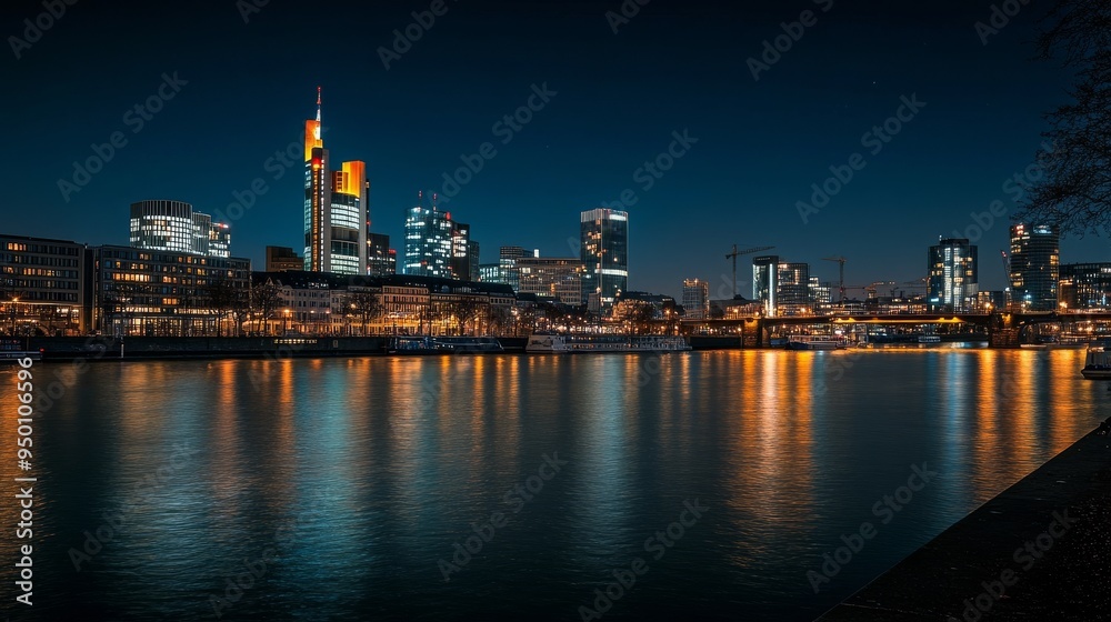 Frankfurt's waterfront and skyscrapers, illuminated at night.