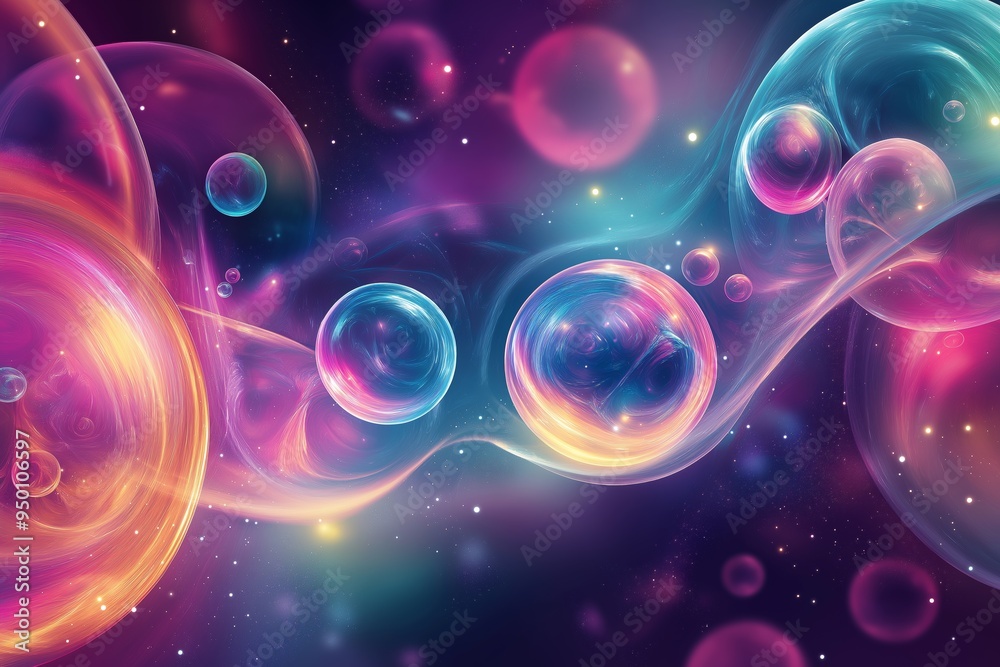 A colorful galaxy of bubbles with a purple background. The bubbles are of different sizes and colors, and they seem to be floating in space. Scene is whimsical and playful A colorful galaxy of bubbles with a purple background. The bubbles are of different sizes and colors, and they seem to be floating in space. Scene is whimsical and playful
