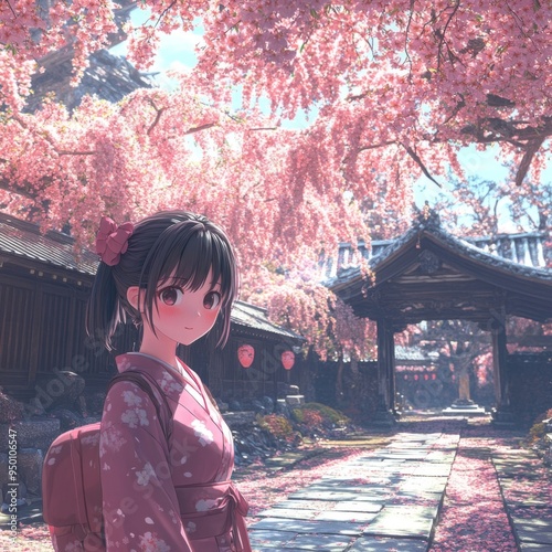 Cherry Blossom Dreams: A captivating anime girl in a traditional pink kimono stands beneath a vibrant canopy of cherry blossoms, creating a tranquil and enchanting scene.  The ancient Japanese archite photo