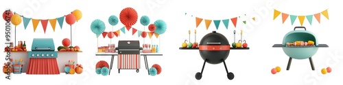 3D set, Nation Labor Day clipart, Colorful barbecue setup with vibrant decor, On white background