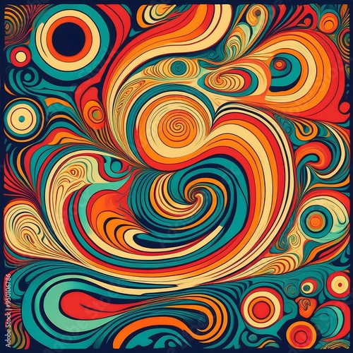 Psychedelic retro style wallpaper with swirls, spirals, and psychedelic groovy design. 1970 color illustration design suitable for posters, banners, decorative, and wall art.