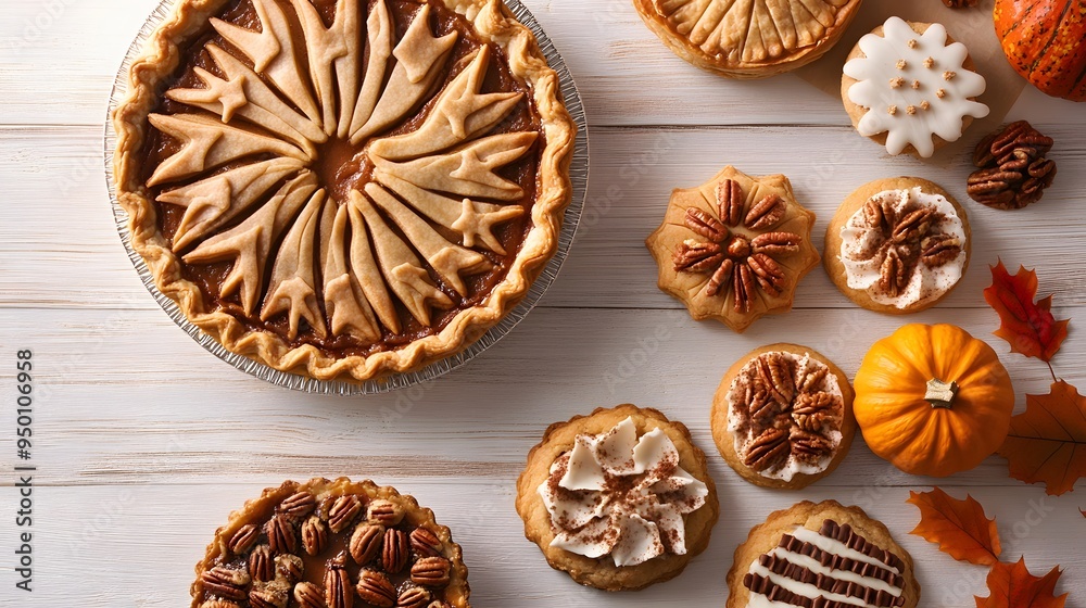 A delicious assortment of fall pies and cookies, perfect for a festive gathering. A delicious assortment of fall pies and cookies, perfect for a festive gathering.