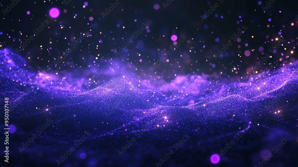 With shining dots stars and purple particles, there is an abstract background with waves and light. With shining dots stars and purple particles, there is an abstract background with waves and light.