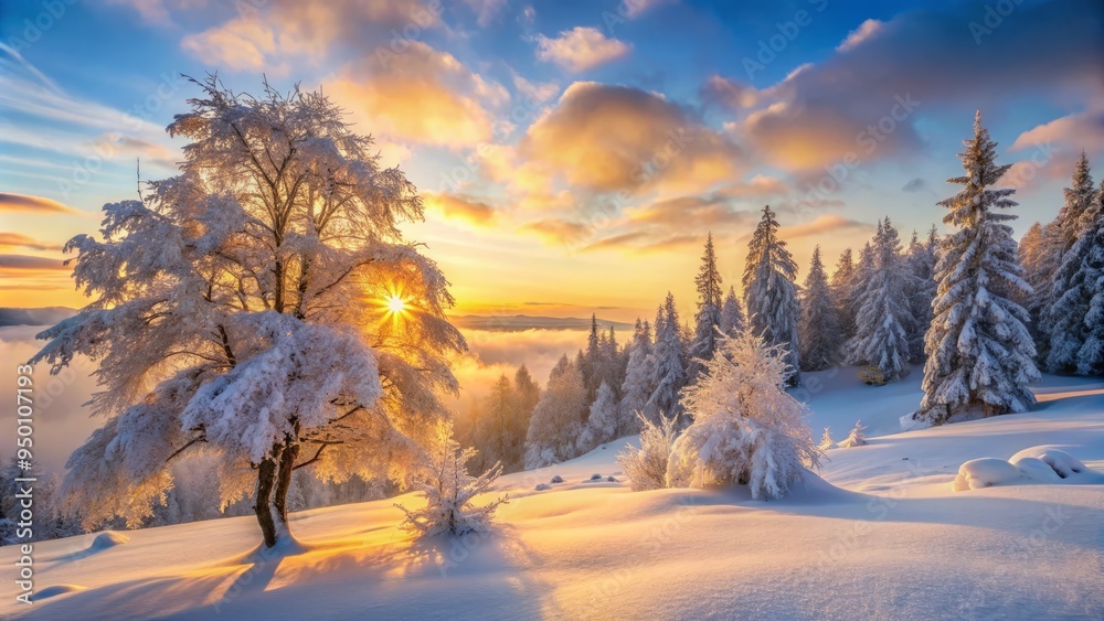 A breathtaking winter scene with snow-covered trees and misty morning light A breathtaking winter scene with snow-covered trees and misty morning light