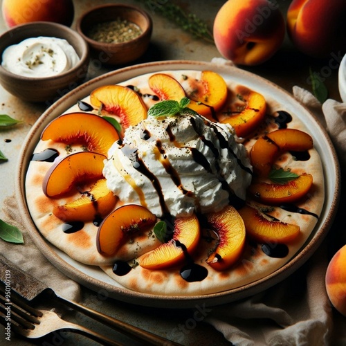 A soft, fluffy layer of whipped ricotta, beautifully contrasted with caramelized roasted peaches and crispy pitta slices