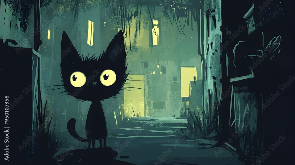 Mysterious Black Cat Lurking in Eerie Dimly Lit Urban Alleyway at Night Mysterious Black Cat Lurking in Eerie Dimly Lit Urban Alleyway at Night
