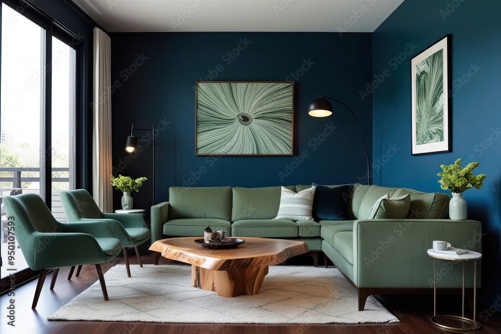 Fototapeta premium Trendy Modern Living Area Atmosphere with Sleek Live Edge Coffee Table and Sage Green Sofa Against Deep Blue Wall