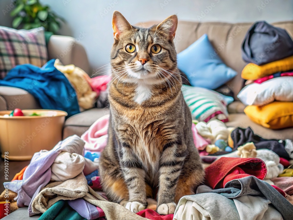 custom made wallpaper toronto digitalA ridiculously-looking, cross-eyed cat with a lumpy face and wonky whiskers sits proudly on a couch, surrounded by messy piles of laundry and snacks.