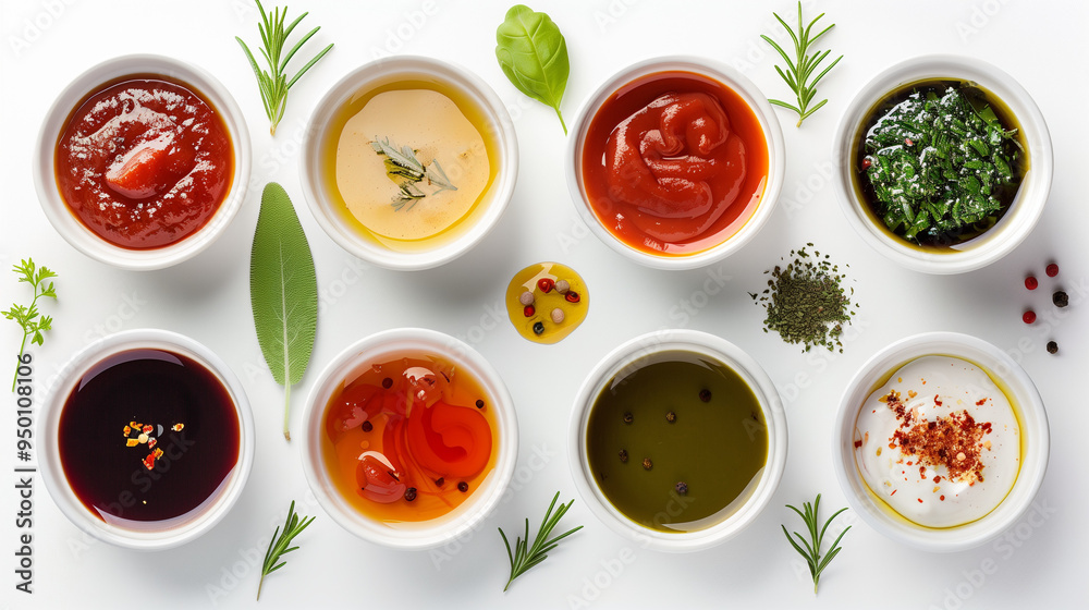 Set of Different Sauces in White Bowls from Top View Set of Different Sauces in White Bowls from Top View