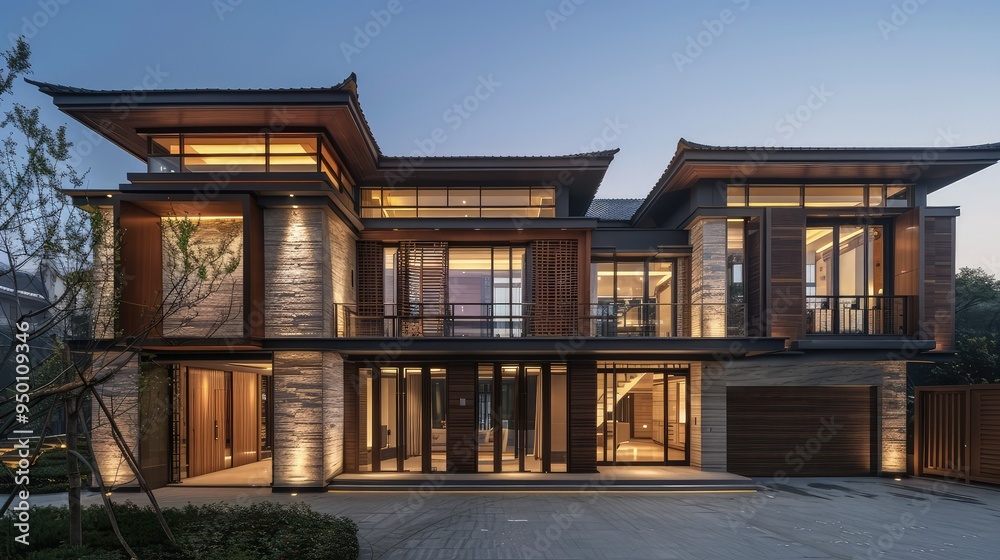 An elegant modern villa with design influences, viewed in the soft glow of the evening. The façade features a balanced mix of wood and stone. An elegant modern villa with design influences, viewed in the soft glow of the evening. The façade features a balanced mix of wood and stone.