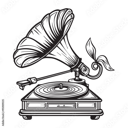Hand-Drawn Gramophone Vector Illustration in Black and White Engraved Woodcut Style