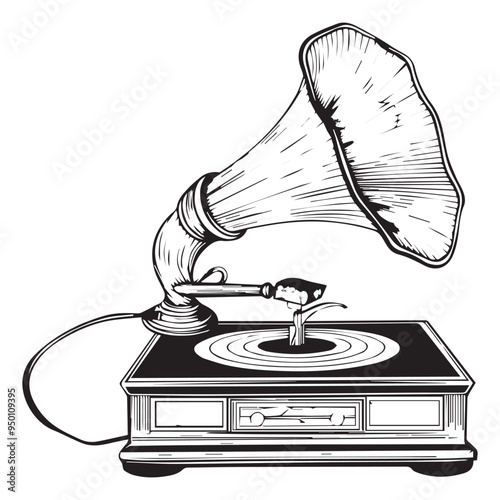 Hand-Drawn Gramophone Vector Illustration in Black and White Engraved Woodcut Style
