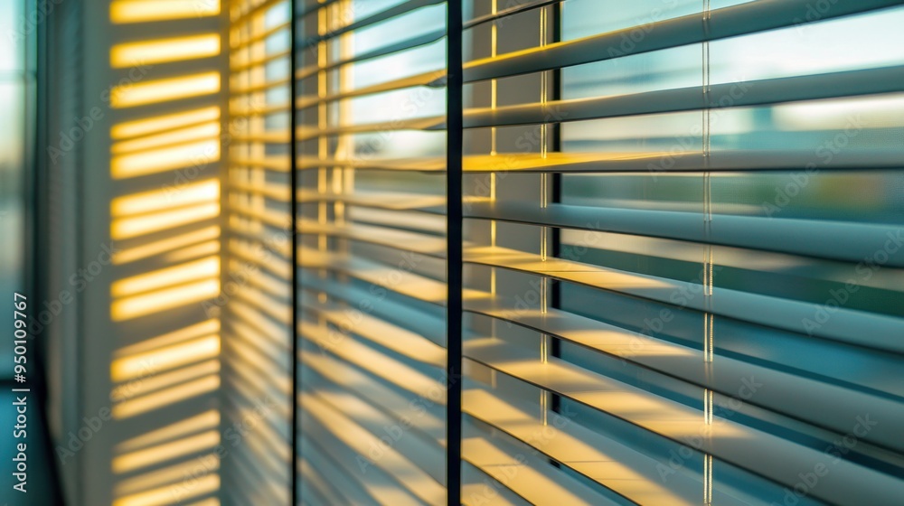 White Window Blinds with Golden Sunlight Streaming Through White Window Blinds with Golden Sunlight Streaming Through